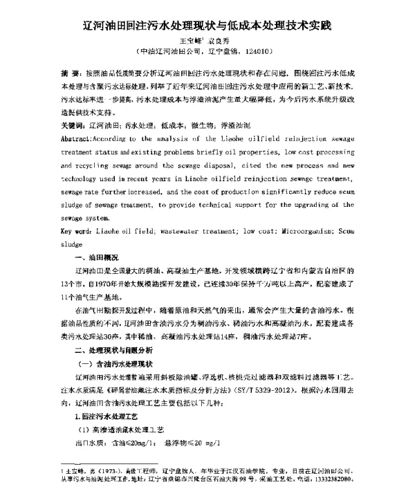 辽河油田回注污水处理现状与低成本处理技术实践