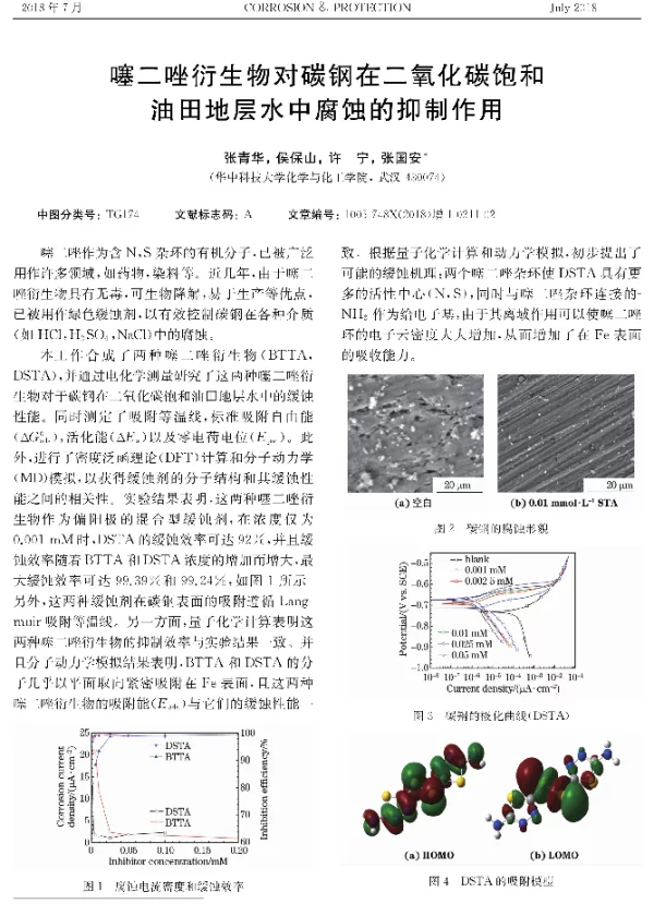 噻二唑衍生物对碳钢在二氧化碳饱和油田地层水中腐蚀的抑制作用