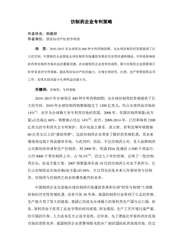 仿制药企业专利策略
