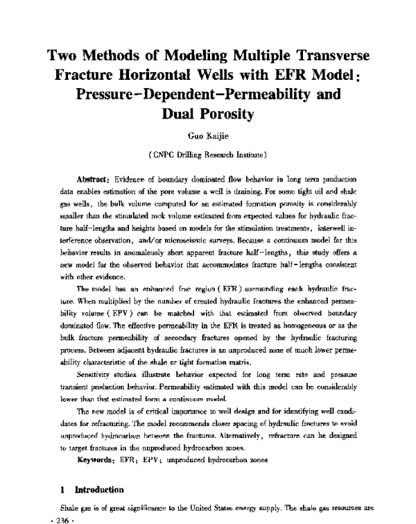 TwoMethodsofModelingMultipleTransverseFractureHorizontalWellswithEFRModelPressure-Dependent-PermeabilityandDualPorosity