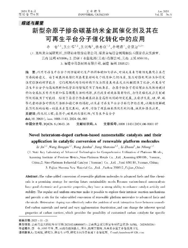 新型杂原子掺杂碳基纳米金属催化剂及其在可再生平台分子催化转化中的应用