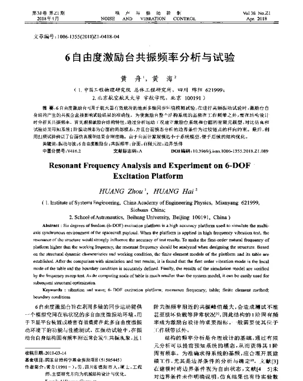 6自由度激励台共振频率分析与试验