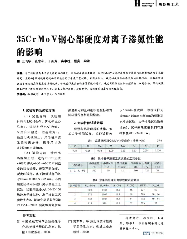 35CrMoV钢心部硬度对离子渗氮性能的影响