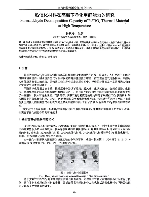 热催化材料在高温下净化甲醛能力的研究