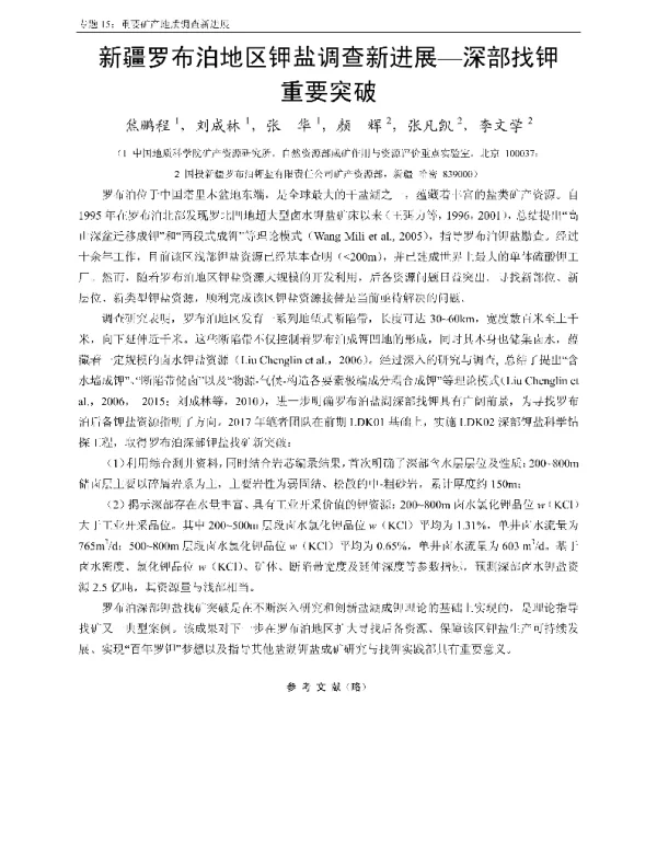 新疆罗布泊地区钾盐调查新进展-深部找钾重要突破