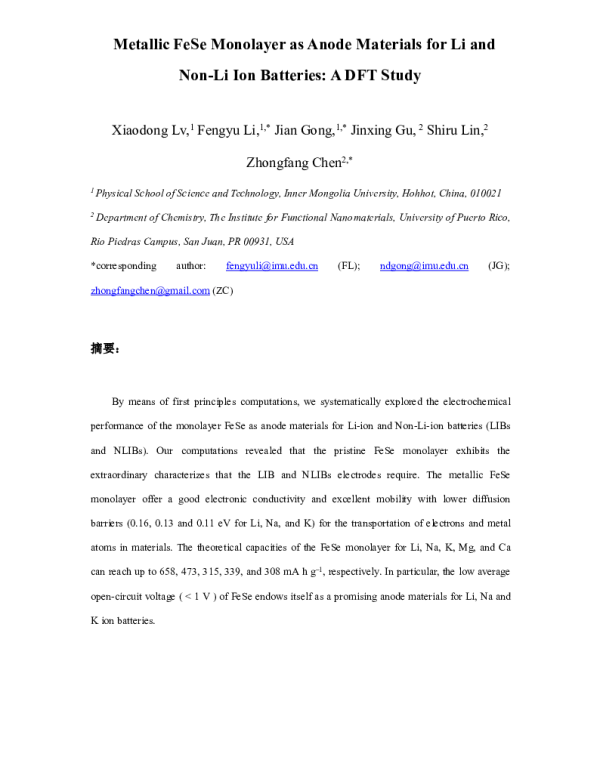 MetallicFeSeMonolayerasAnodeMaterialsforLiandNon-LiIonBatteriesADFTStudy