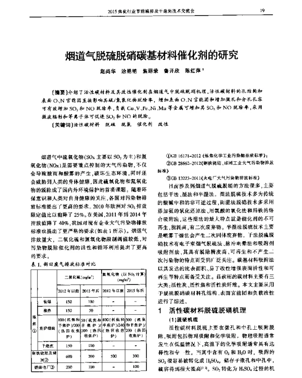 烟道气脱硫脱硝碳基材料催化剂的研究
