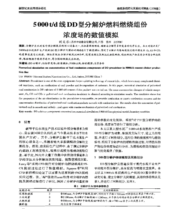 5000td线DD型分解炉燃料燃烧组份浓度场的数值模拟