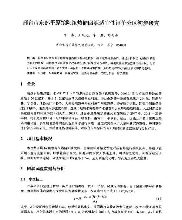 邢台市东部平原馆陶组热储回灌适宜性评价分区初步研究