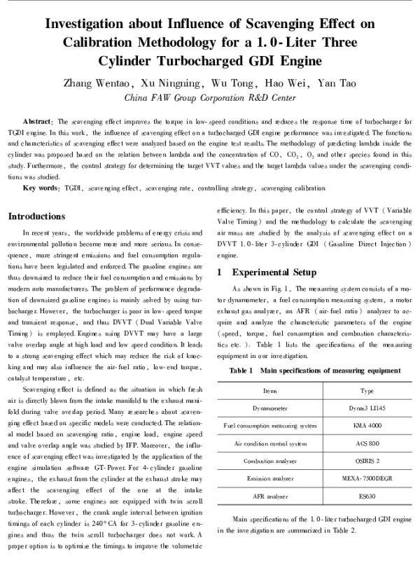 InvestigationaboutInfluenceofScavengingEffectonCalibrationMethodologyfora1.0-LiterThreeCylinderTurbochargedGDIEngine