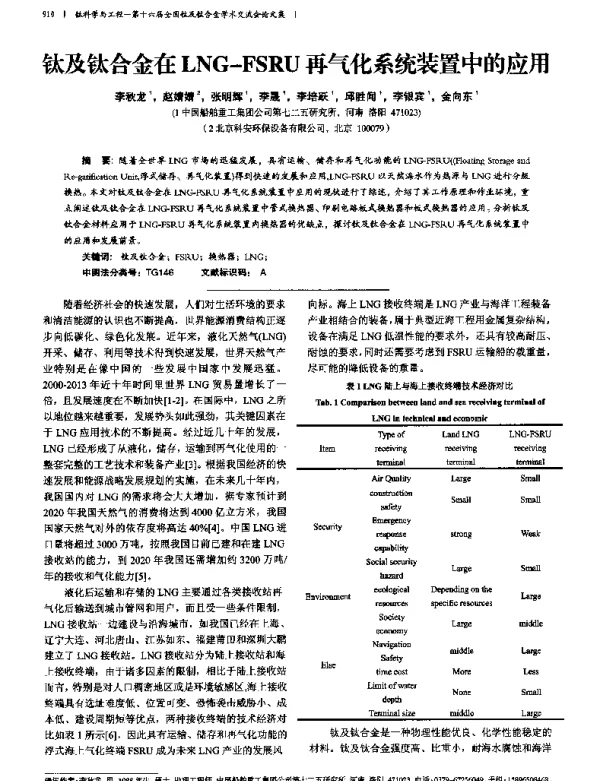 钛及钛合金在LNG-FSRU再气化系统装置中的应用