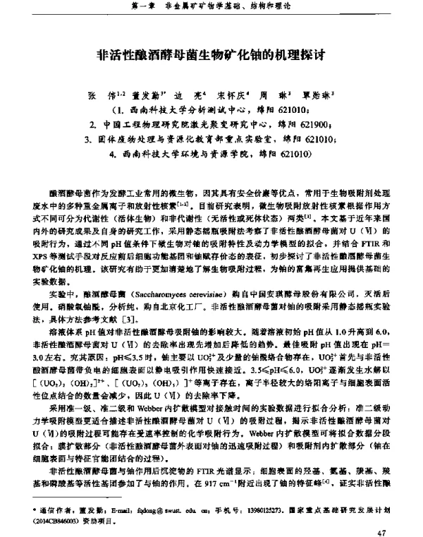 非活性酿酒酵母菌生物矿化铀的机理探讨