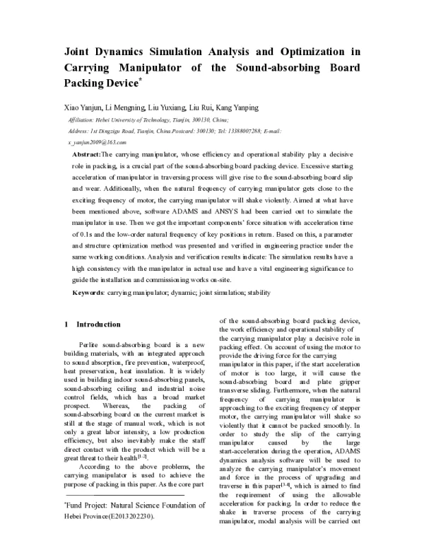JointDynamicsSimulationAnalysisandOptimizationinCarryingManipulatoroftheSound-absorbingBoardPackingDevice