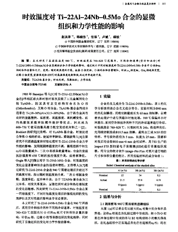 时效温度对Ti-22Al-24Nb-0.5Mo合金的显微组织和力学性能的影响