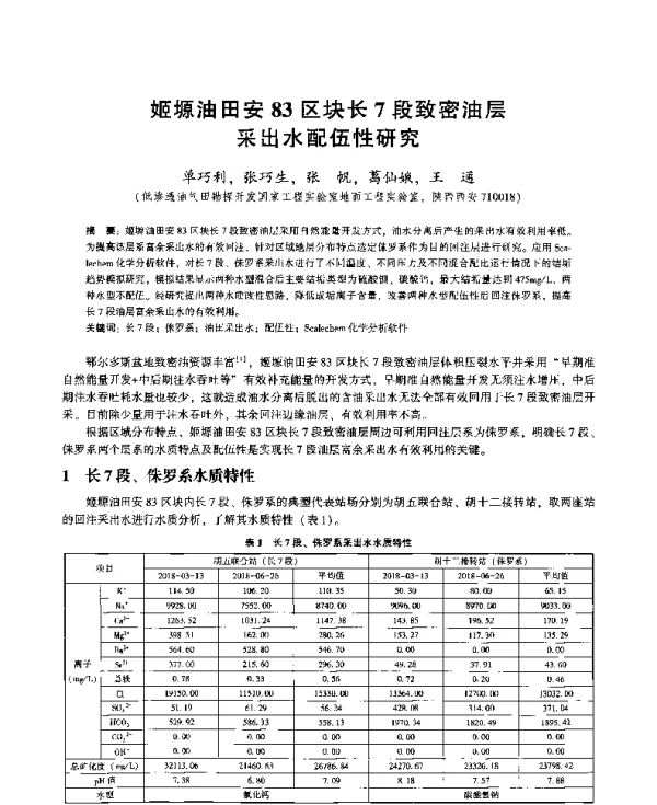 姬塬油田安83区块长7段致密油层采出水配伍性研究