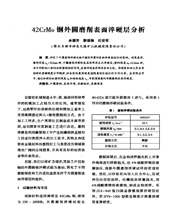 42CrMo钢外圆磨削表面淬硬层分析