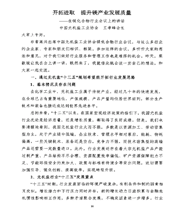 开拓进取提升镁产业发展质量--在镁化合物行业会议上的讲话