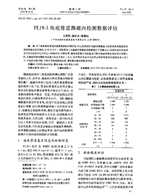 PL19-3海底管道漏磁内检测数据评估