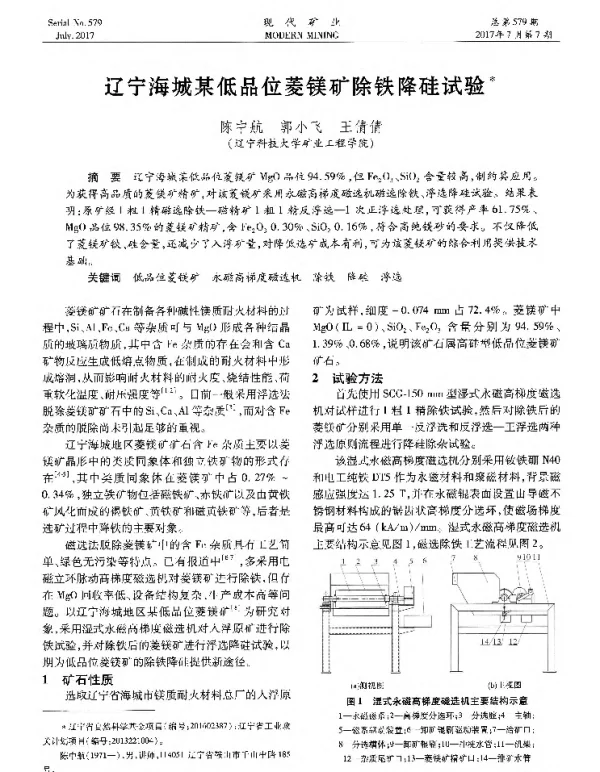 辽宁海城某低品位菱镁矿除铁降硅试验