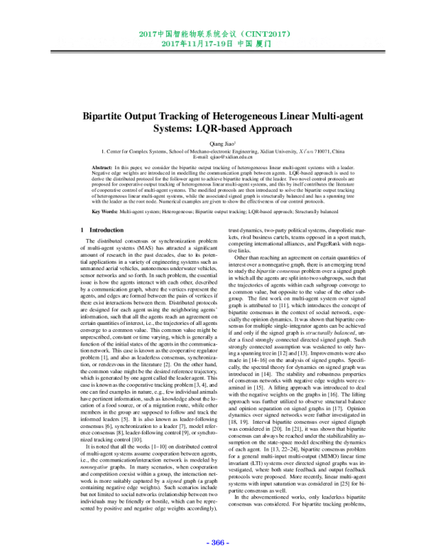 BipartiteOutputTrackingofHeterogeneousLinearMulti-agentSystemsLQR-basedApproach