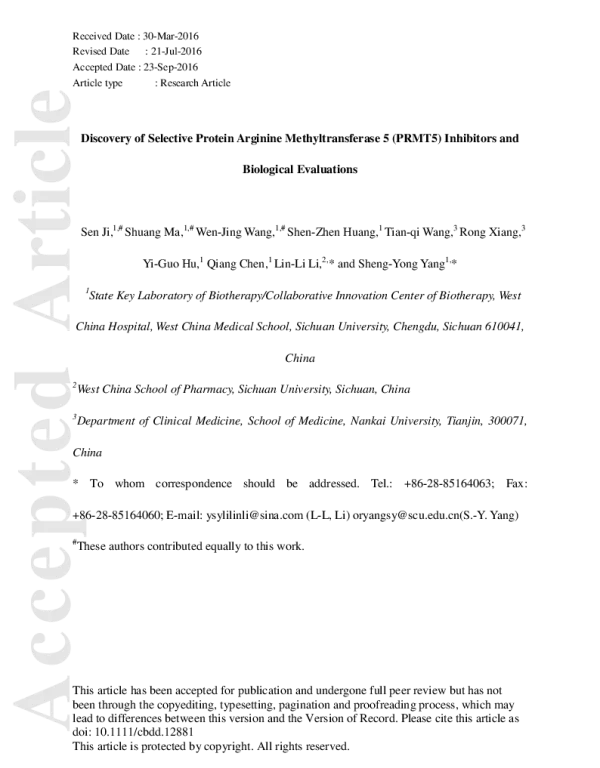 DiscoveryofSelectiveProteinArginineMethyltransferase5(PRMT5)InhibitorsandBiologicalEvaluations