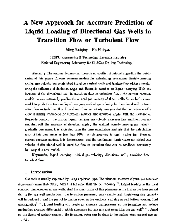 ANewApproachforAccuratePredictionofLiquidLoadingofDirectionalGasWellsinTransitionFloworTurbulentFlow