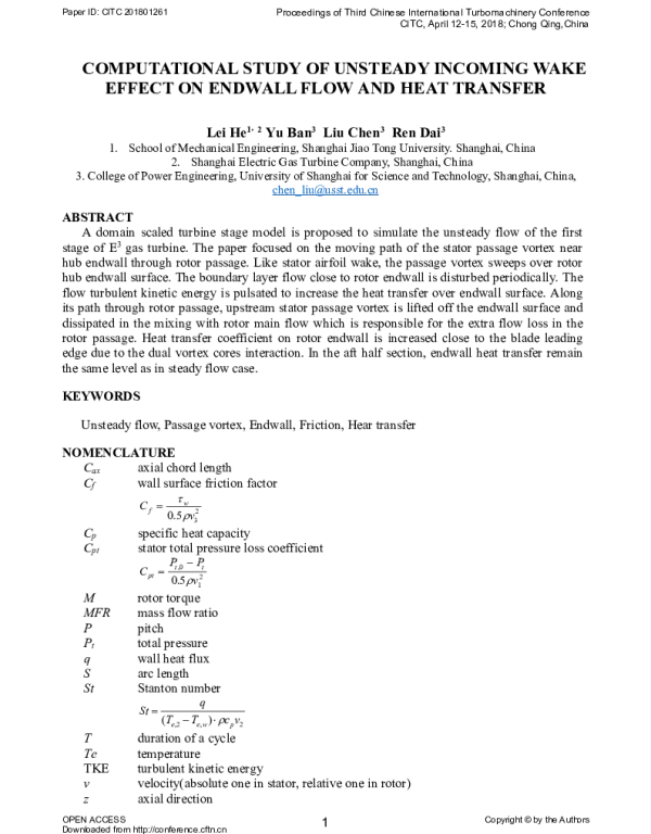 COMPUTATIONALSTUDYOFUNSTEADYINCOMINGWAKEEFFECTONENDWALLFLOWANDHEATTRANSFER