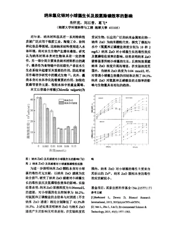 纳米氧化锌对小球藻生长及脱氮除磷效率的影响