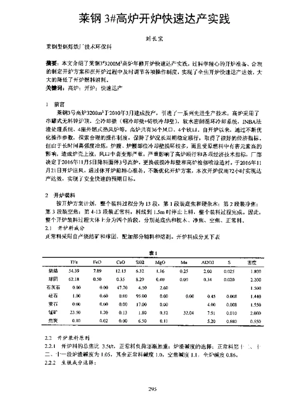 莱钢3高炉开炉快速达产实践