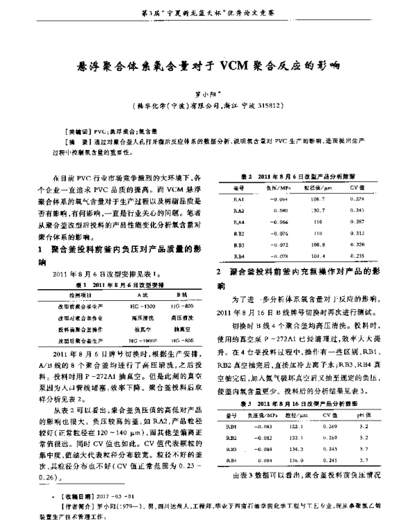 悬浮聚合体系氧含量对于VCM聚合反应的影响