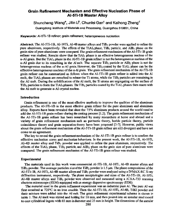 GrainRefinementMechanismandEffectiveNucleationPhaseofAl-5Ti-1BMasterAlloy