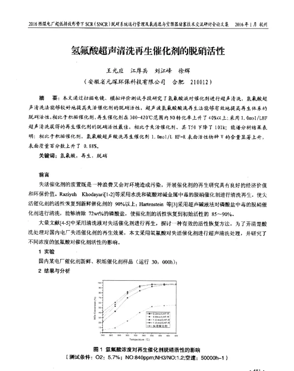 氢氟酸超声清洗再生催化剂的脱硝活性