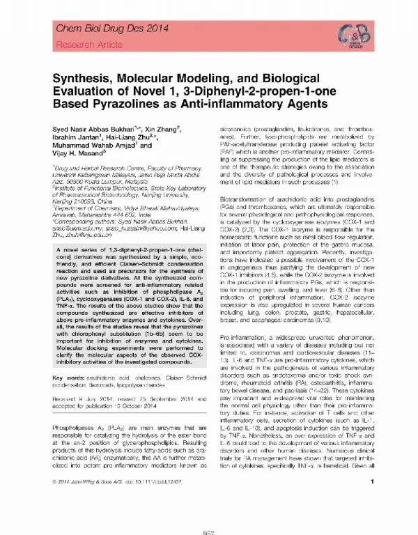 SynthesisMolecularModelingandBiologicalEvaluationofNovel13-Diphenyl-2-propen-1-oneBasedPyrazolinesasAnti-inflammatoryAgents