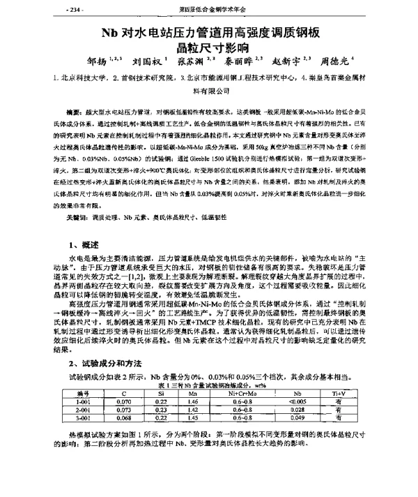 Nb对水电站压力管道用高强度调质钢板晶粒尺寸影响