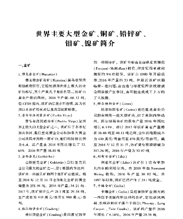 世界主要大型金矿、铜矿、铅锌矿、钼矿、镍矿简介