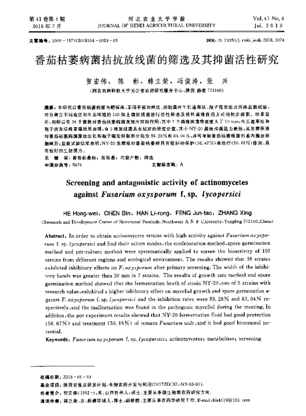 番茄枯萎病菌拮抗放线菌的筛选及其抑菌活性研究