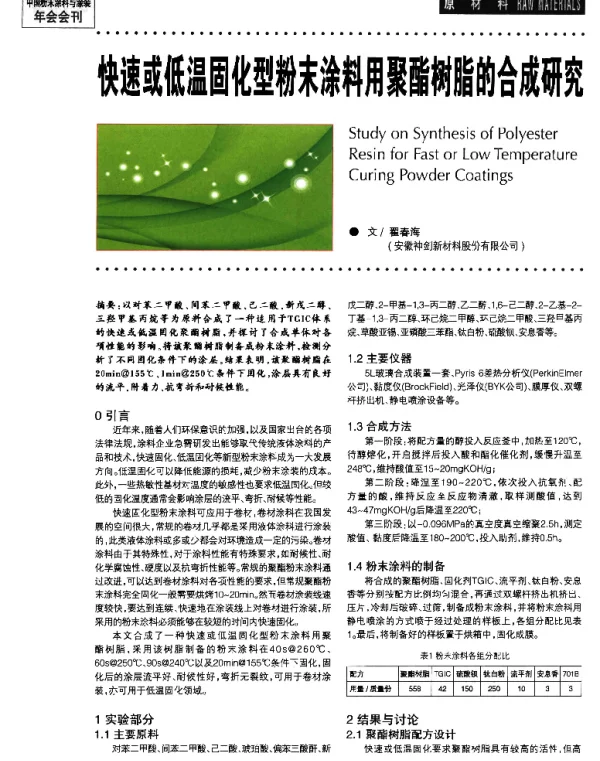 快速或低温固化型粉末涂料用聚酯树脂的合成研究