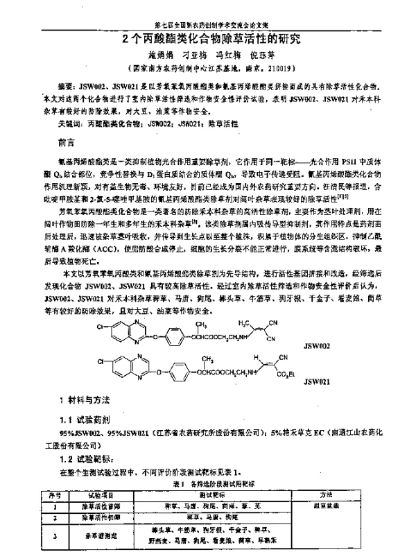 2个丙酸酯类化合物除草活性的研究