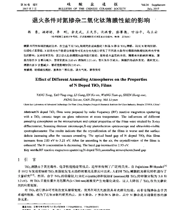 退火条件对氮掺杂二氧化钛薄膜性能的影响