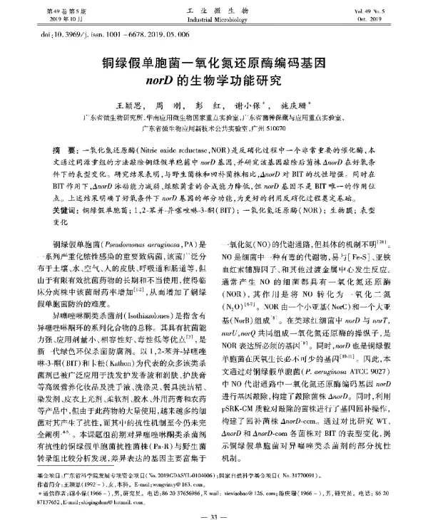 铜绿假单胞菌一氧化氮还原酶编码基因norD加的生物学功能研究