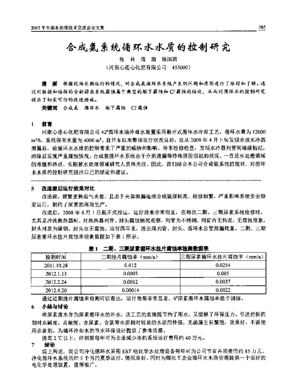 合成氨系统循环水水质的控制研究