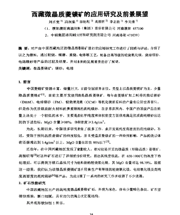 西藏微晶质菱镁矿的应用研究及前景展望