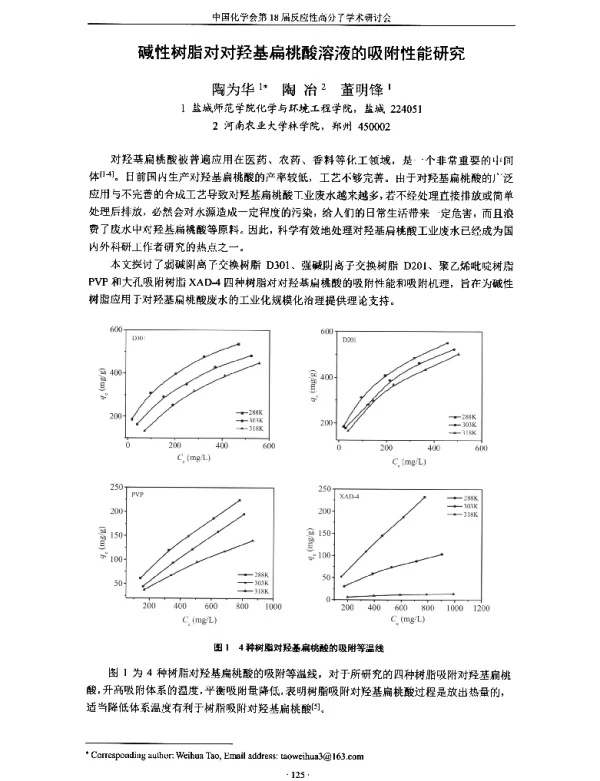 碱性树脂对对羟基扁桃酸溶液的吸附性能研究
