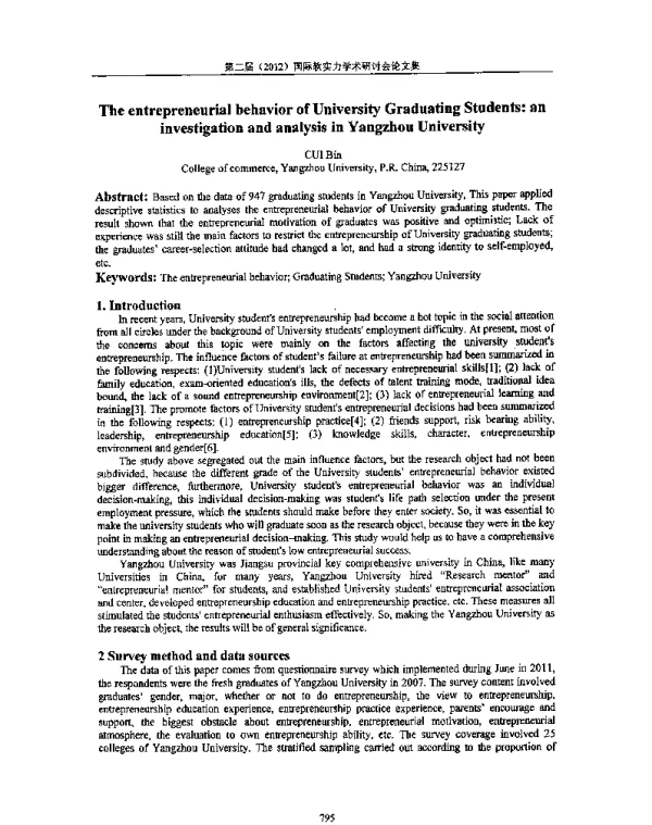 TheentrepreneurialbehaviorofUniversityGraduatingStudentsaninvestigationandanalysisinYangzhouUniversity