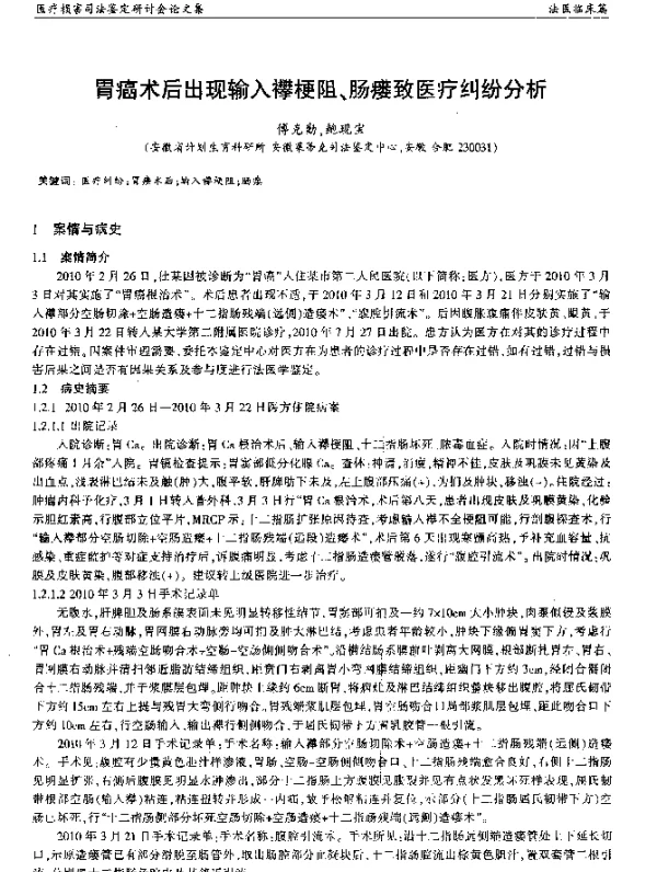 胃癌术后出现输入襻梗阻、肠瘘致医疗纠纷分析