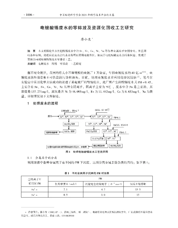 电镀酸锡废水的零排放及资源化回收工艺研究