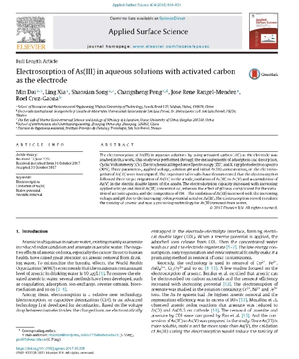 ElectrosorptionofAs(Ⅲ)inaqueoussolutionswithactivatedcarbonastheelectrode