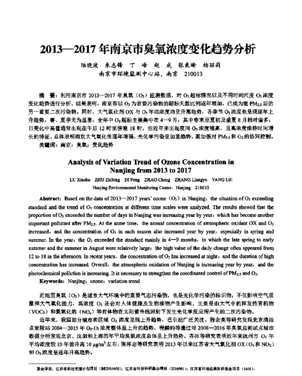 20132017年南京市臭氧浓度变化趋势分析