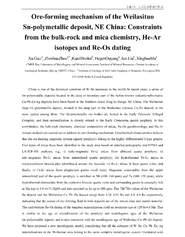 Ore-formingmechanismoftheWeilasituoSn-polymetallicdepositNEChinaConstraintsfromthebulk-rockandmicachemistryHe-ArisotopesandRe-Osdating