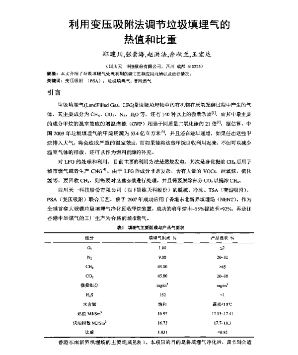 利用变压吸附法调节垃圾填埋气的热值和比重